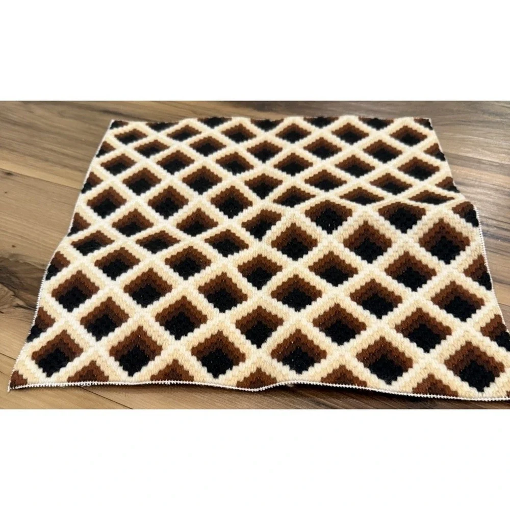 Vintage Latch Hook Rug Brown Cream Black Geometric Retro 1970s Wall Hanging